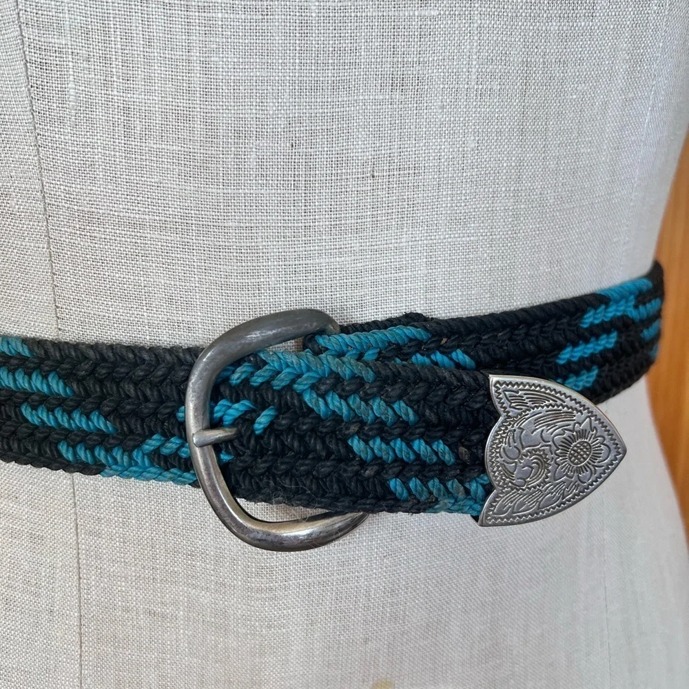 Vintage 90s Western Braided Belt Black Turquoise Silver Tip Cowboy Unisex Retro